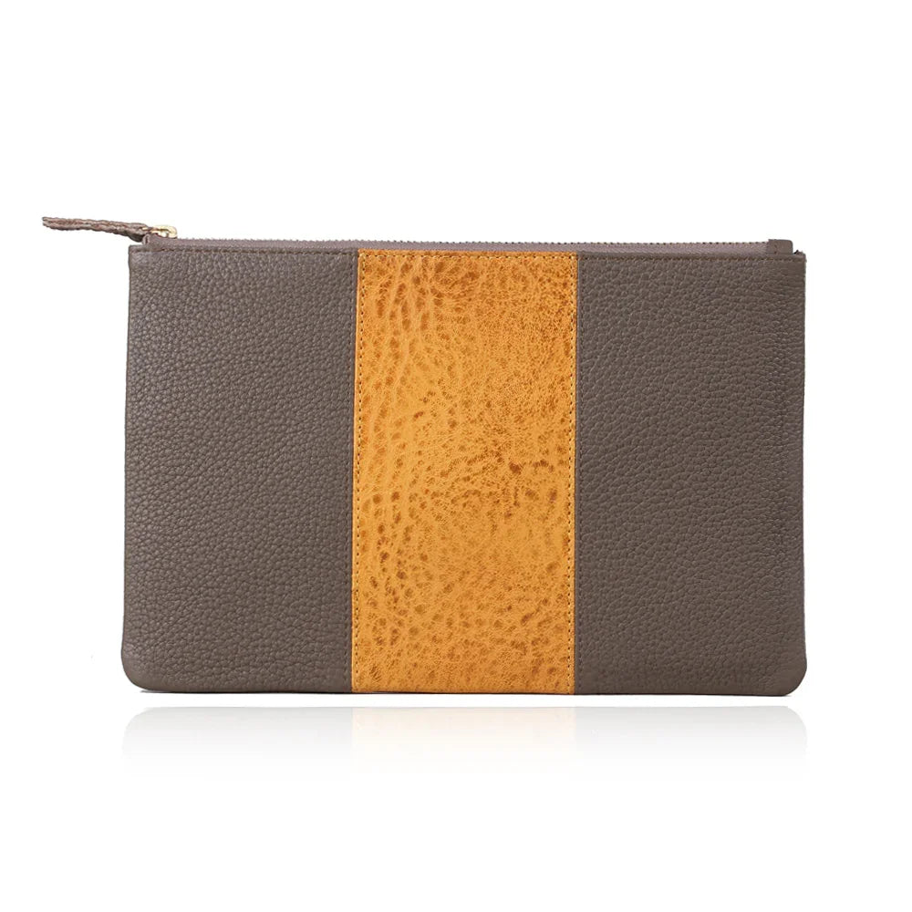 Brown leather clutch with tan textured panel, zip closure, minimalist design for everyday use