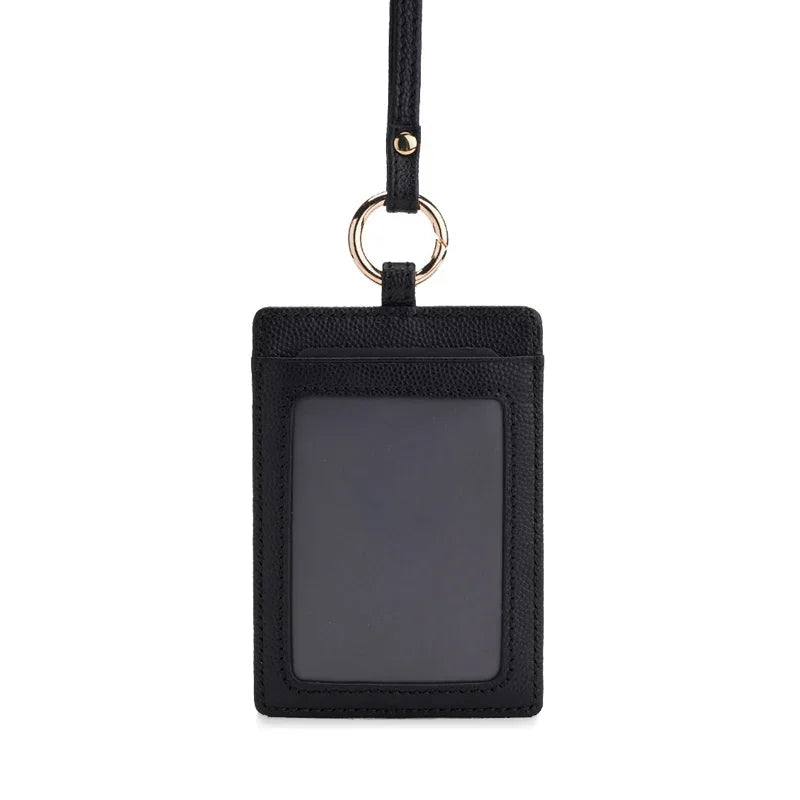 Black leather ID badge holder with lanyard and gold ring, sleek design for work or travel