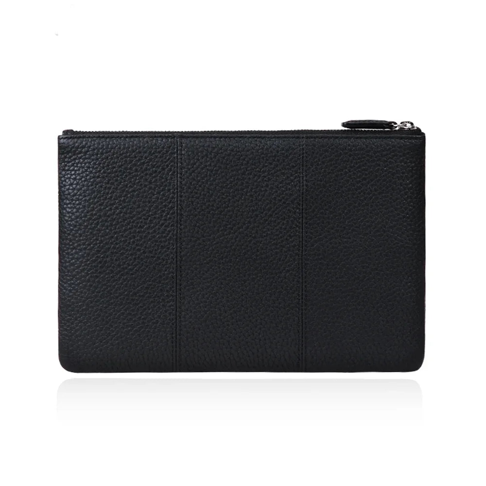 Black pebbled leather clutch with zipper closure, minimalist design for everyday use