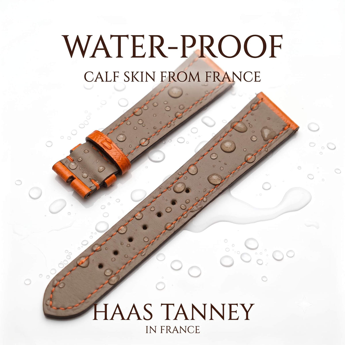 Waterproof French Haas Zermatt calfskin lining on custom goatskin watch strap showing water resistance and orange stitching