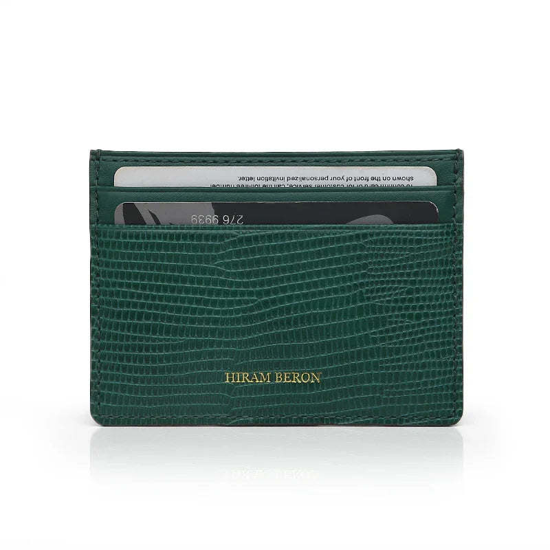 Green lizard pattern cardholder with 'Hiram Beron' branding on a white background