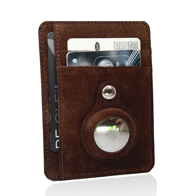 Brown suede leather cardholder with airtag slot on a white background