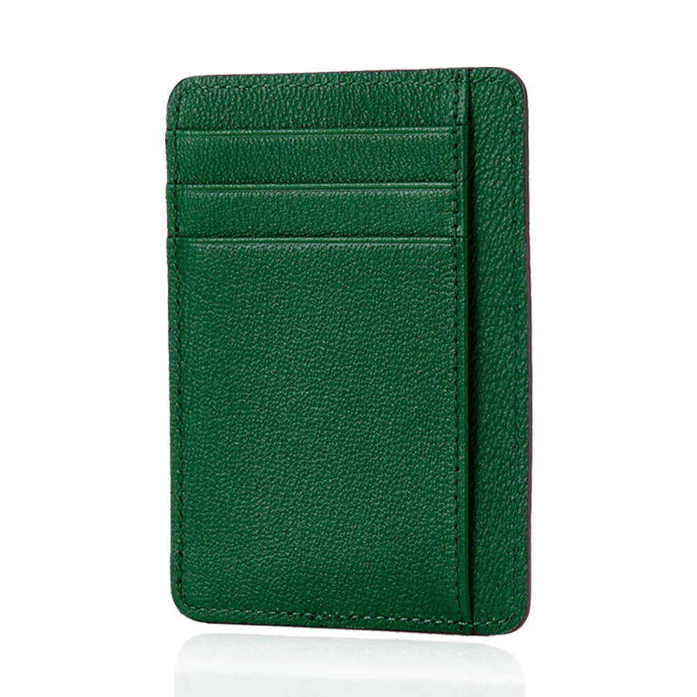 Slim green leather card holder with multiple slots, minimalist design for everyday carry