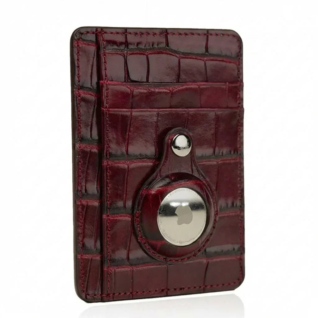 Top Grain Burgundy Calfskin Embossed Crocodile Pattern Card Wallet with a white background