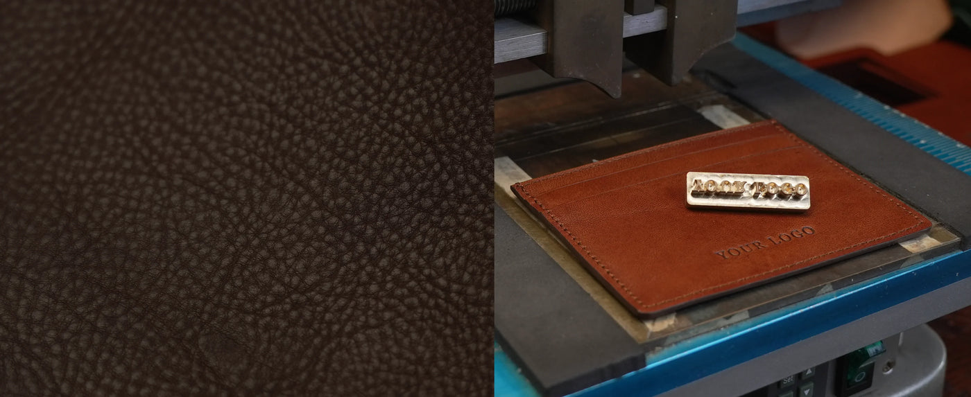 Professional custom logo stamping on premium Italian, French, and high-grade Chinese leathers by Hiram Beron since 2012.