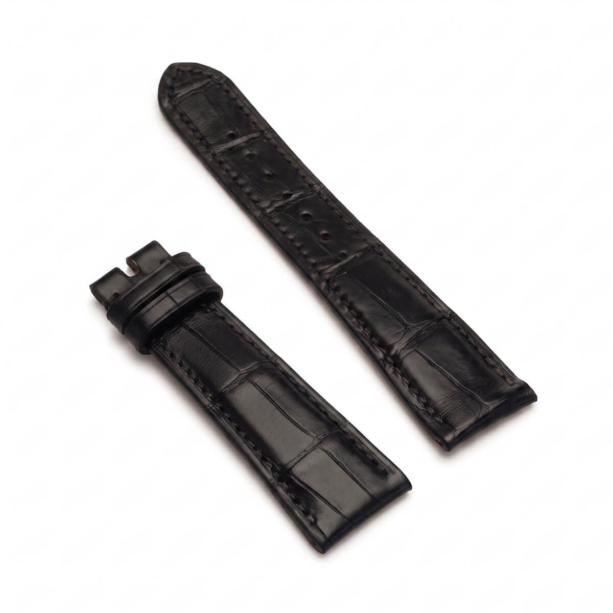 Full set view of a hand-stitched French HCP black bamboo scale crocodile watch strap for custom luxury watch upgrades.