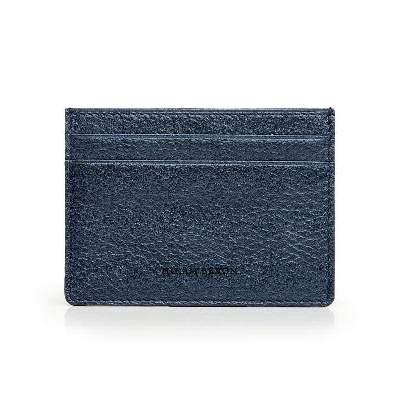 trim navy leather cardholder with 'Hiram Beron' branding on a white background