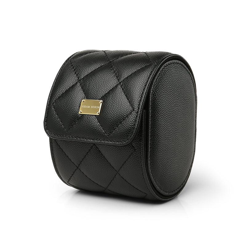 Black caviar pattern leather watch roll case with gold plate logo brand name" HIRAM BERON" on it