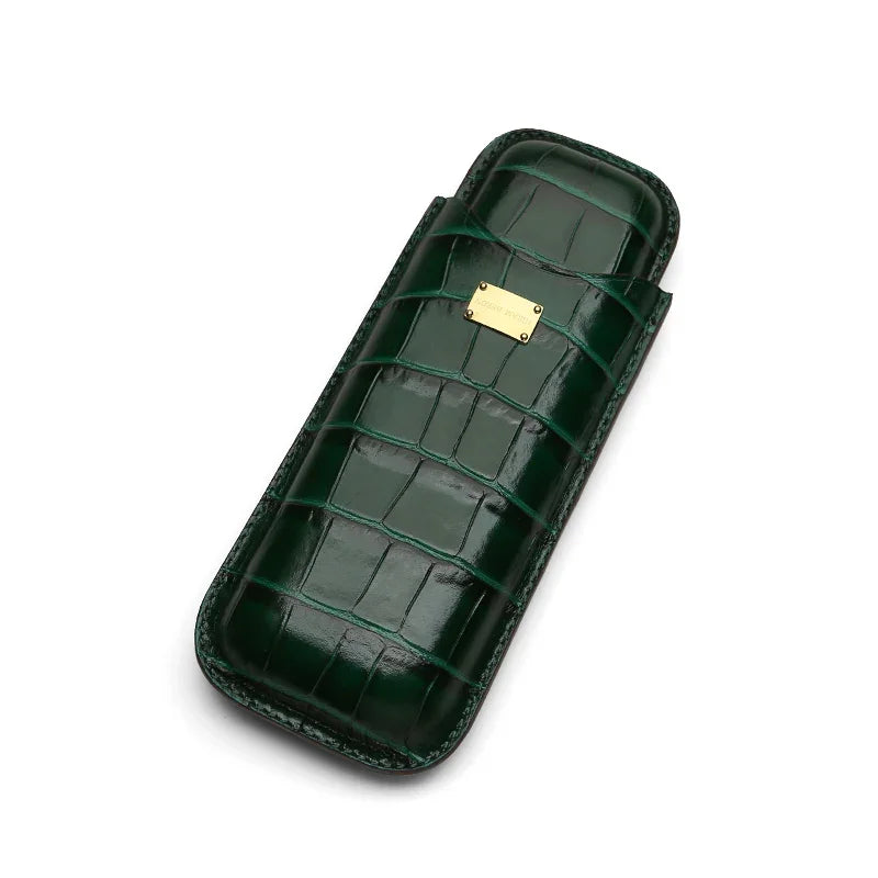 Luxury green crocodile leather eyeglass case with gold plaque, premium leather goods