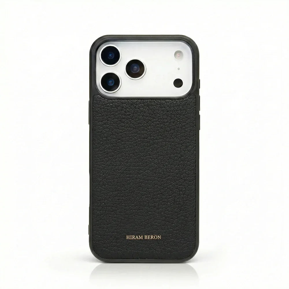 black pebble leather iphone 17 pro case with "HIRAM BERON" brand name on it