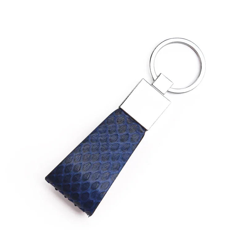 Keychain with blue python skin design on a white background