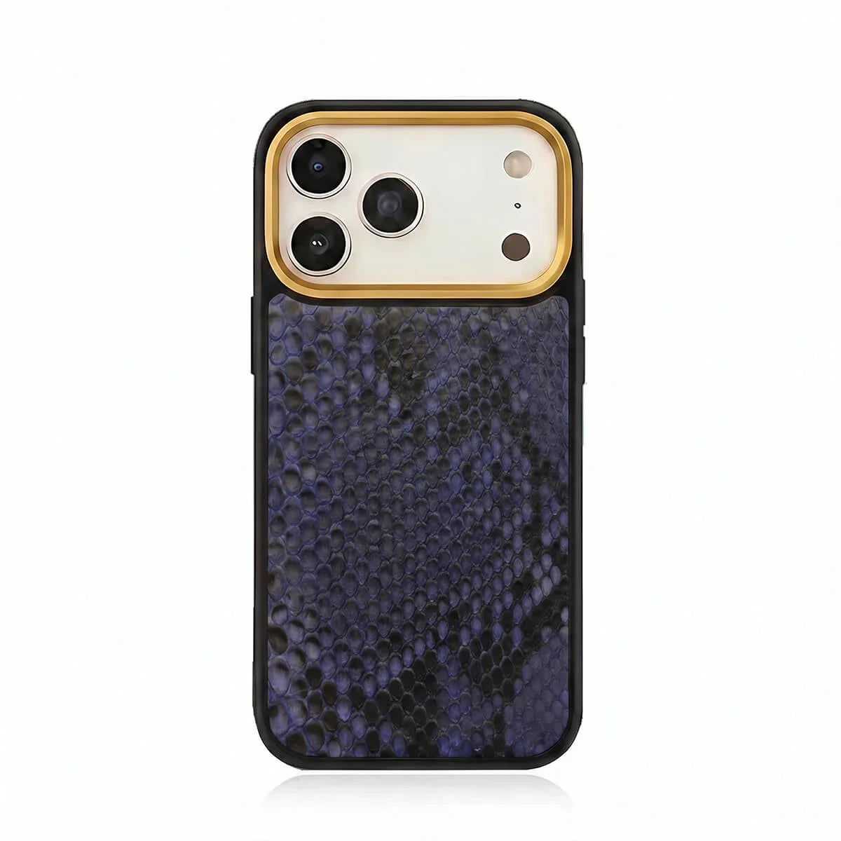 iPhone case with python skin and gold accent on a white background