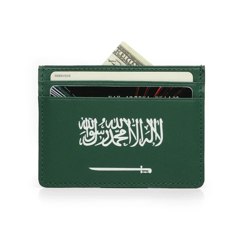 Green leather cardholder with Saudi Arabia flag design on a white background