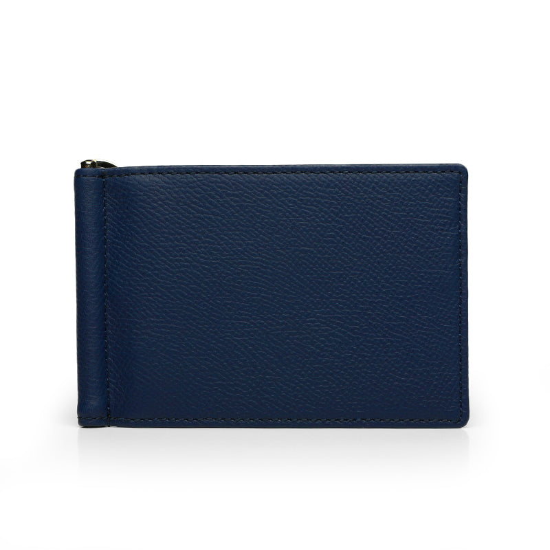 Navy blue leather card wallet with money clip on a white background