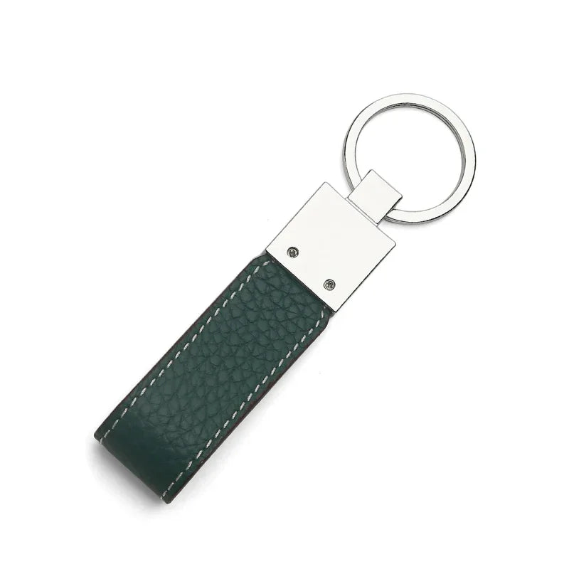 the back of green leather key fob