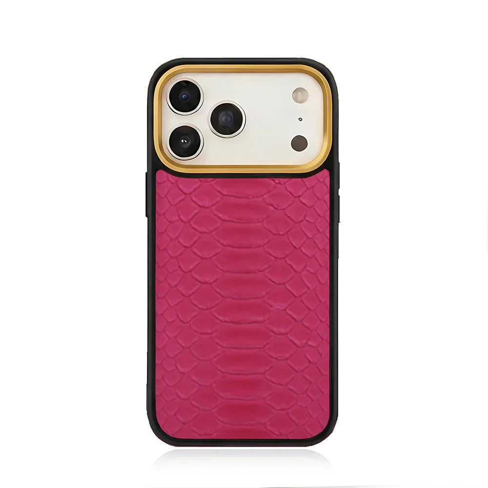 Pink snakeskin iPhone case with gold camera trim, luxury leather phone cover