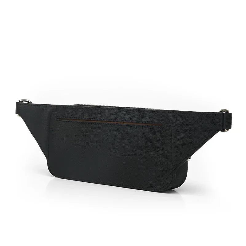 the back of the black saffiano belt bag
