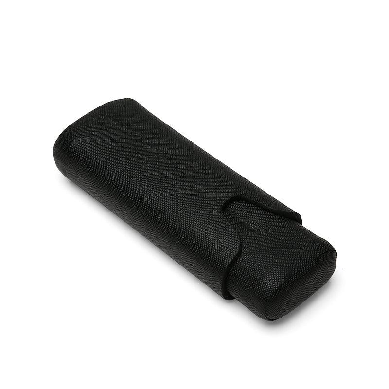 Black textured leather eyeglass case with secure strap closure, ideal for luxury accessories and private label branding.