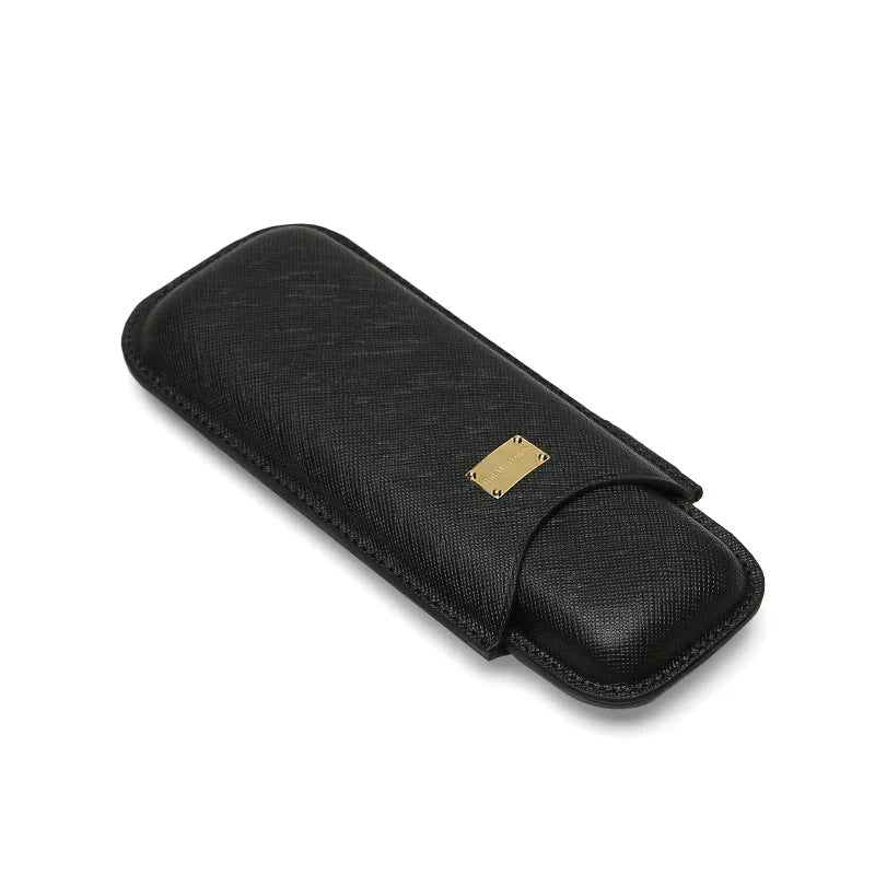 Luxury black textured leather glasses case with gold plaque, ideal for private label or OEM branding