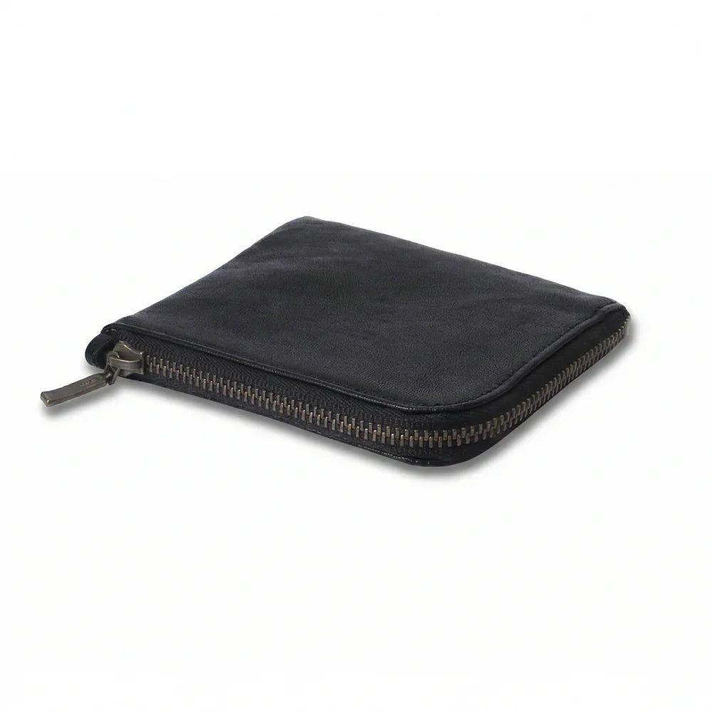 Black zippered coin pouch on a white background