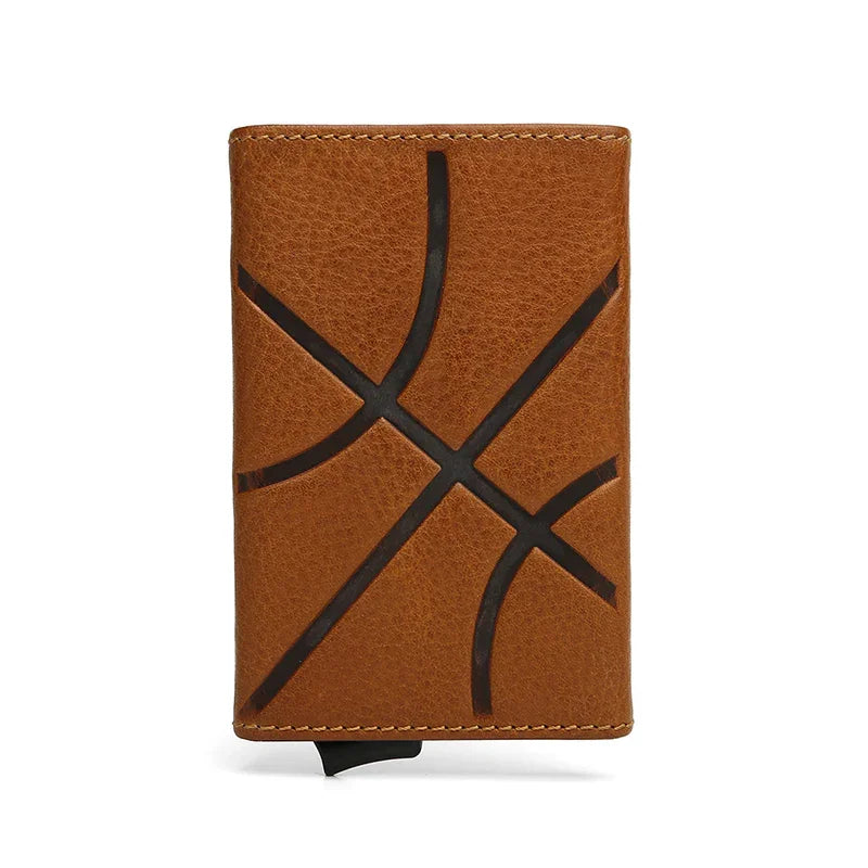Brown leather RFID blocking POP UP cardholder with basketball embissing line on a white background