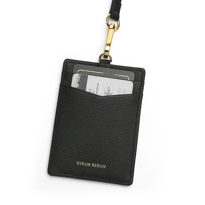 Black cardholder with a lanyard featuring 'Hiram Beron' branding on a white background.