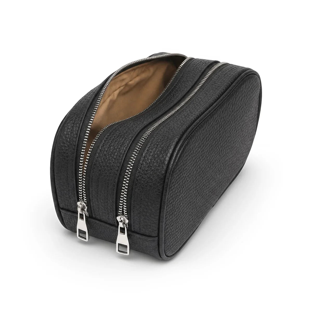 Black leather wash bag with silver zippers on a white background