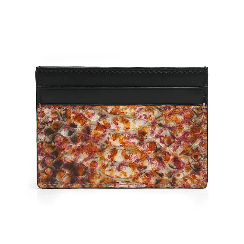 Cardholder with floral python skin and black top section on a white background