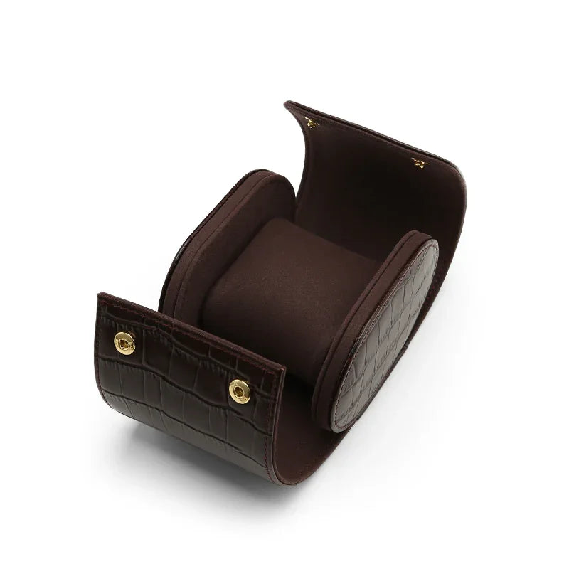 Opened aligator pattern leather watch roll in brown with matching cushion for wholesale