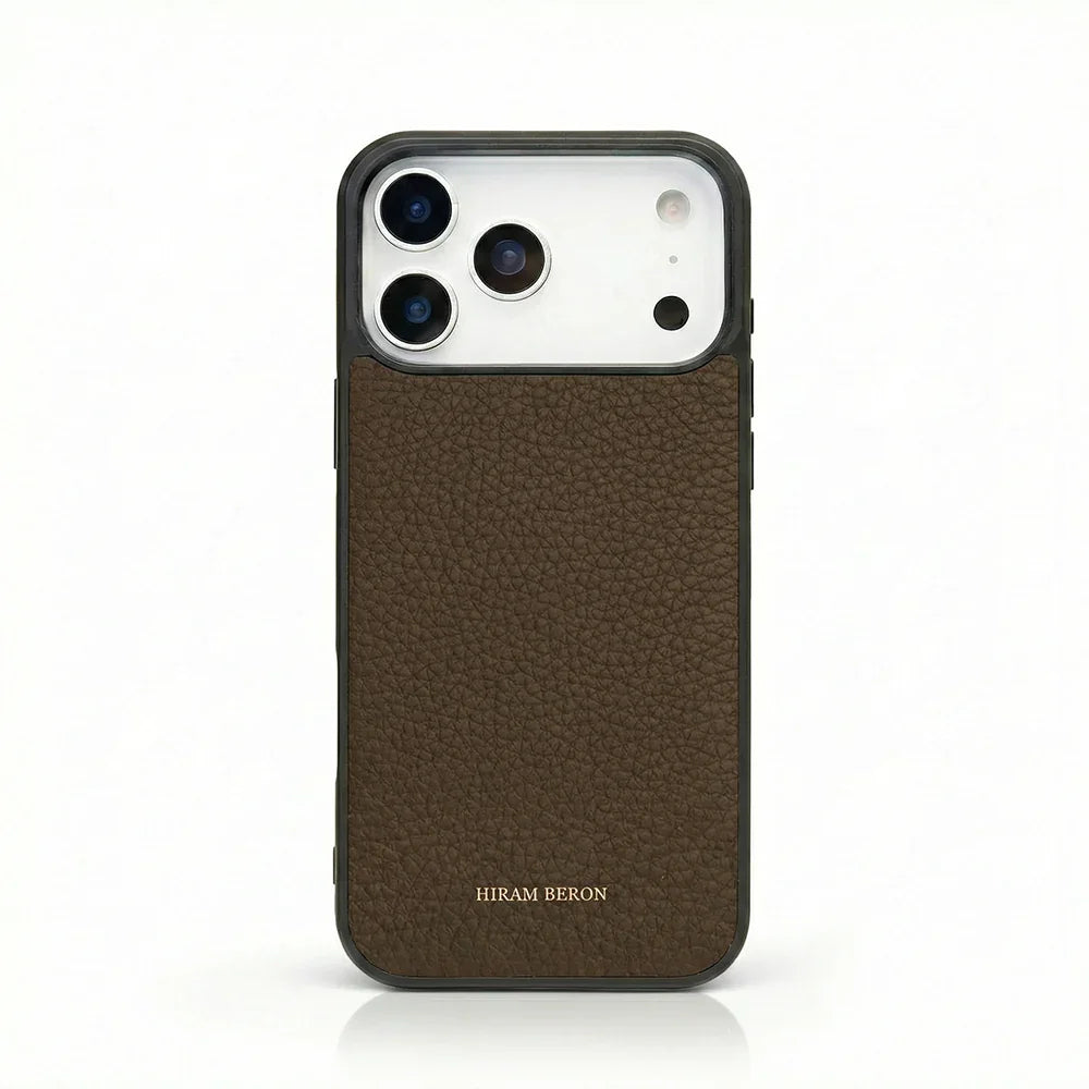 etoupe pebble leather iphone case with visible brand name on a white background