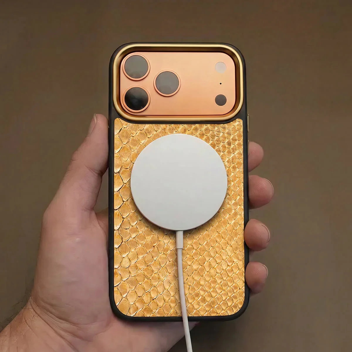 iPhone 17 pro case with gold python skin and magsafe charging held by a hand against a brown background