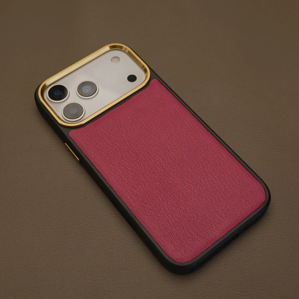 Rose France goat skin iphone 17 pro max with brown leather background