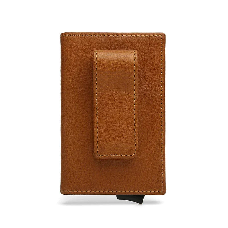 Brown pop up RFID blocking leather card holder with a money clip on a white background