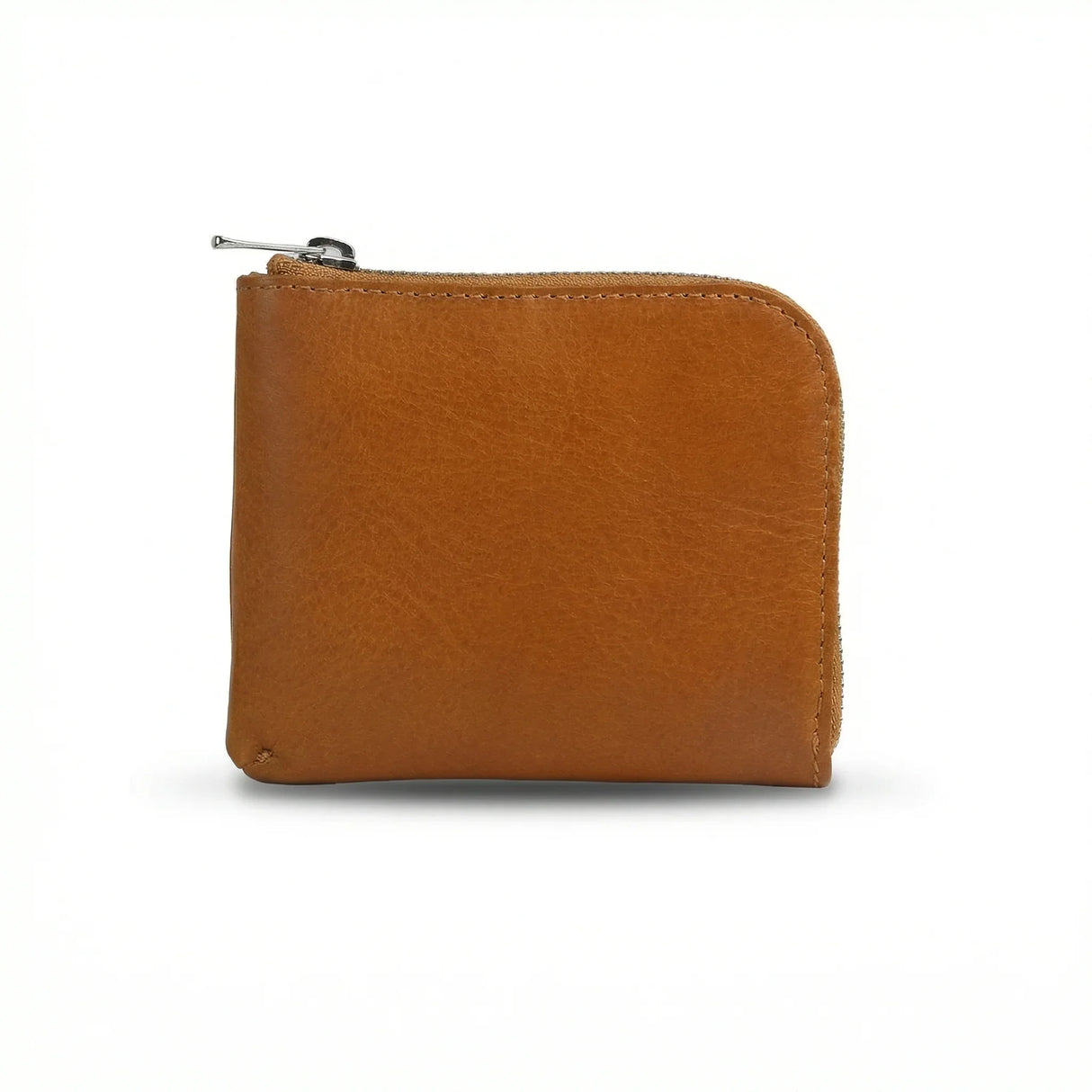 Tan full grain leather coin wallet with a zipper on a white background