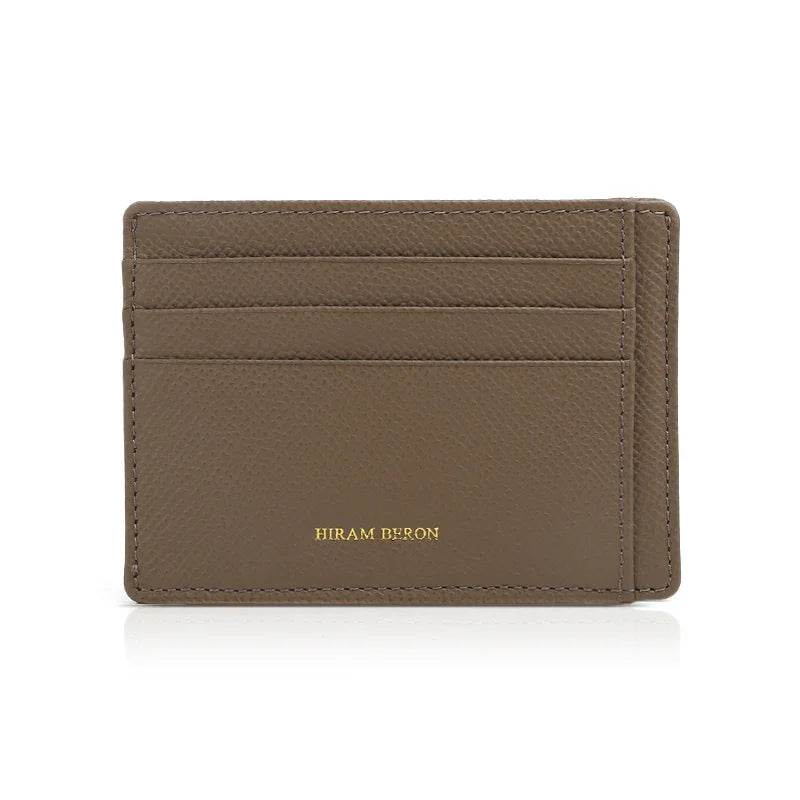 Etoupe leather cardholder with 'Hiram Beron' branding on a white background