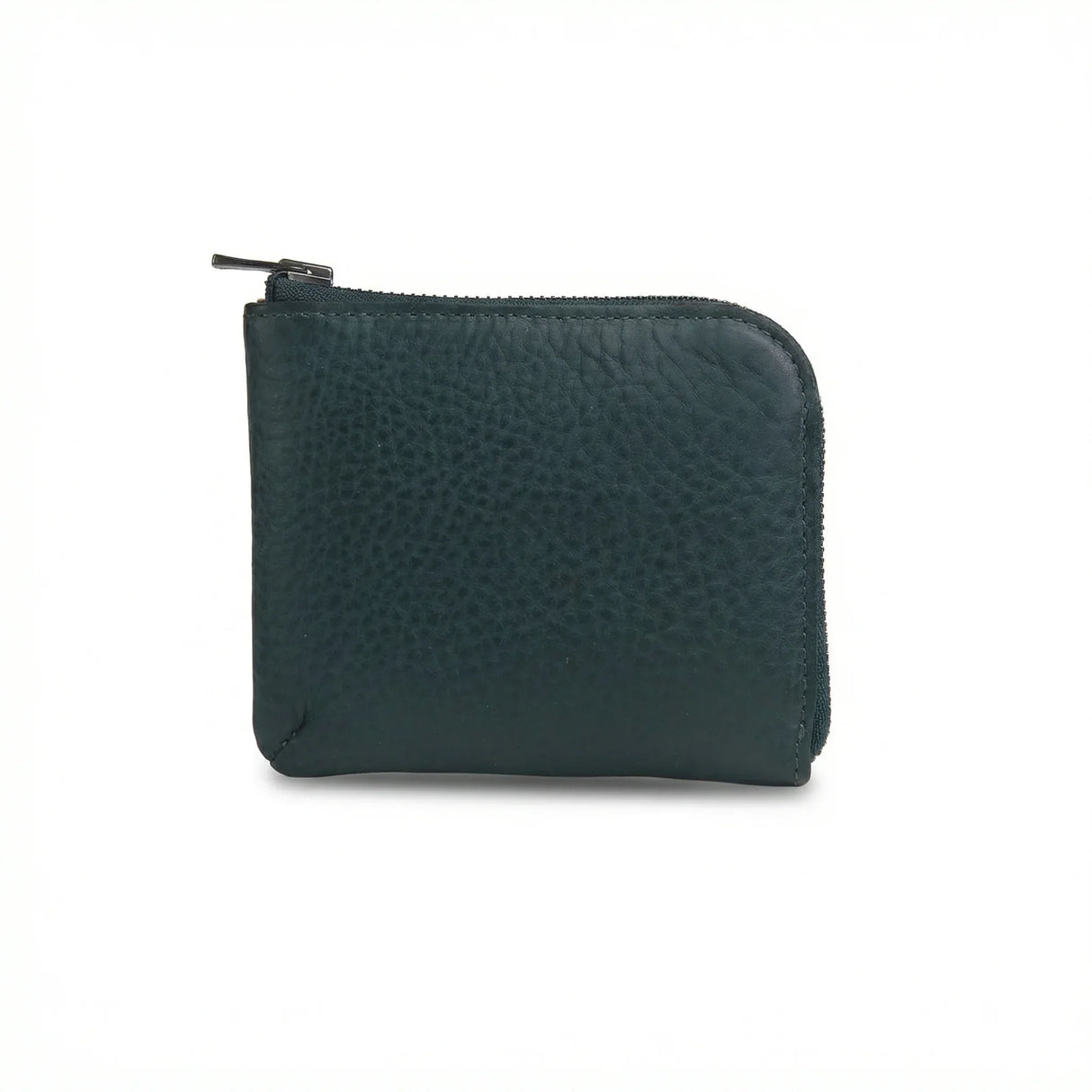 Dark green leather coin wallet with a zipper on a white background