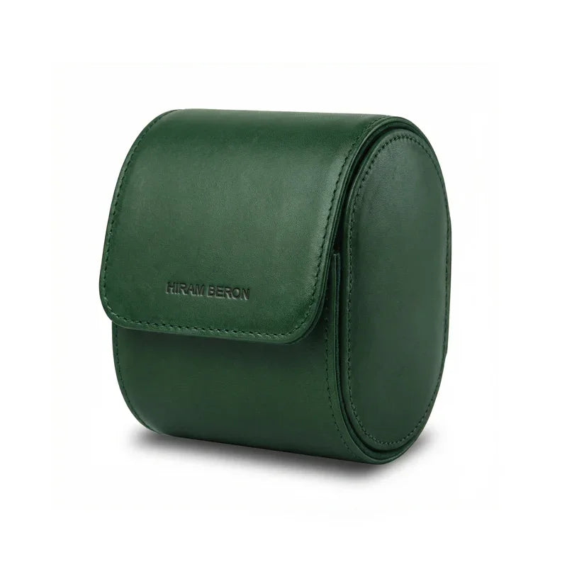 Green vegetable tanned leather watch storage case with 'Hiram Beron' branding on a white background