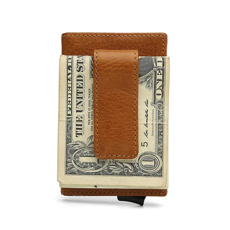Brown leather money clip with dollar bill design on a white background