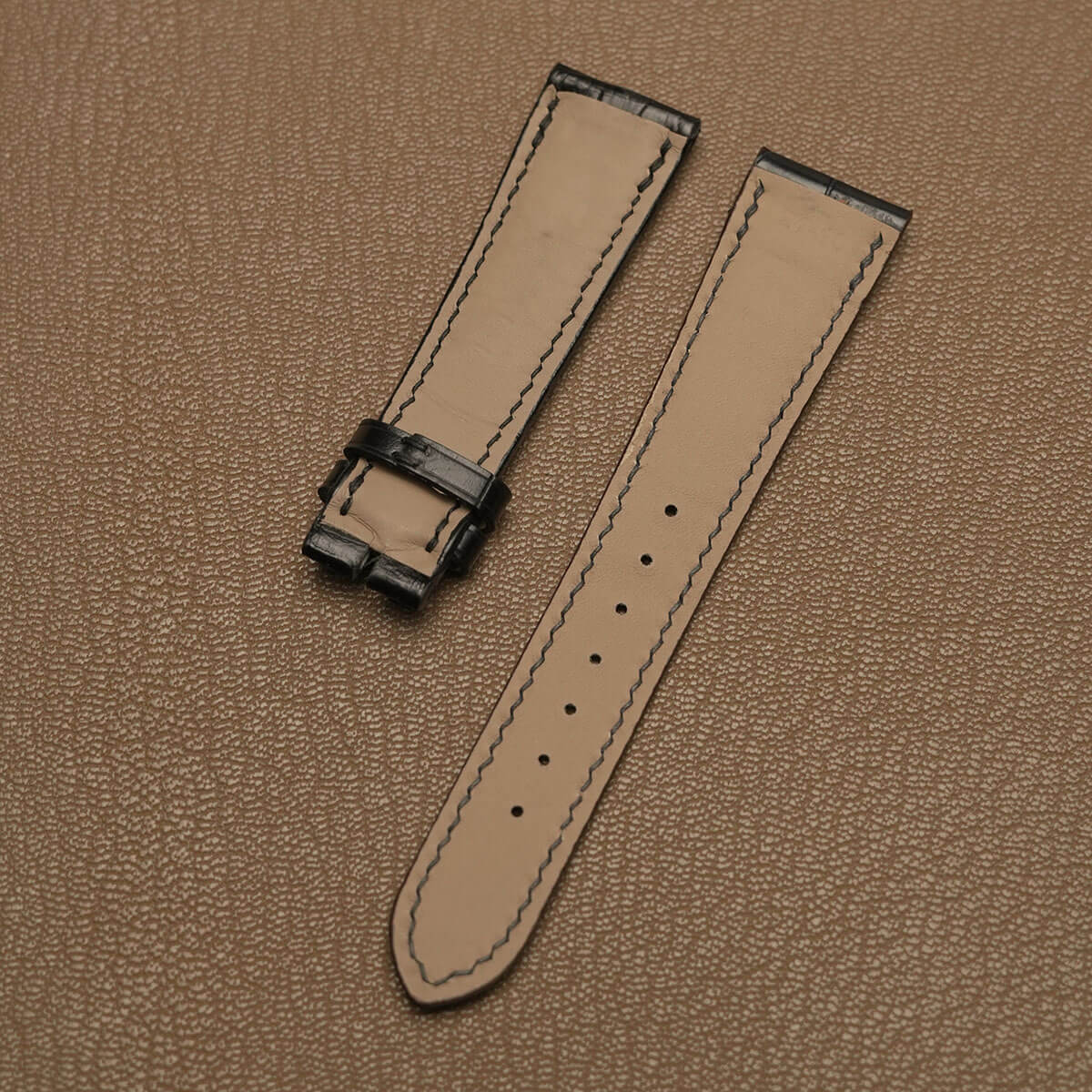 Waterproof French Haas Zermatt calfskin inner lining on custom handmade alligator leather watch strap