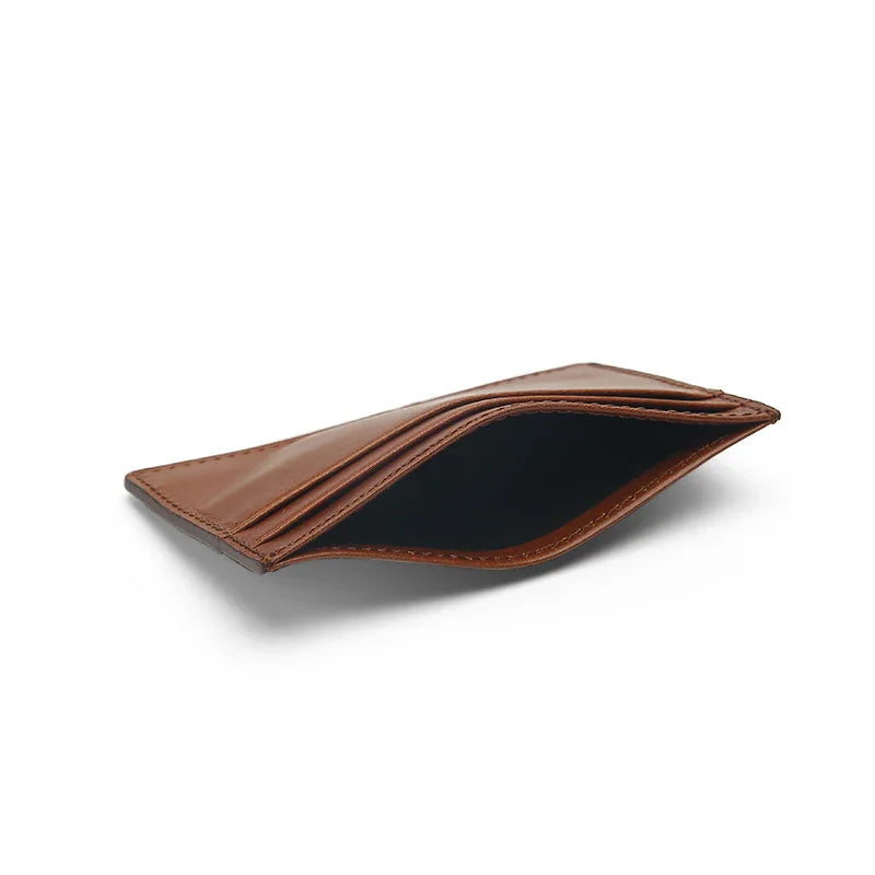 close up detail for the top pocket of brown leather card holder