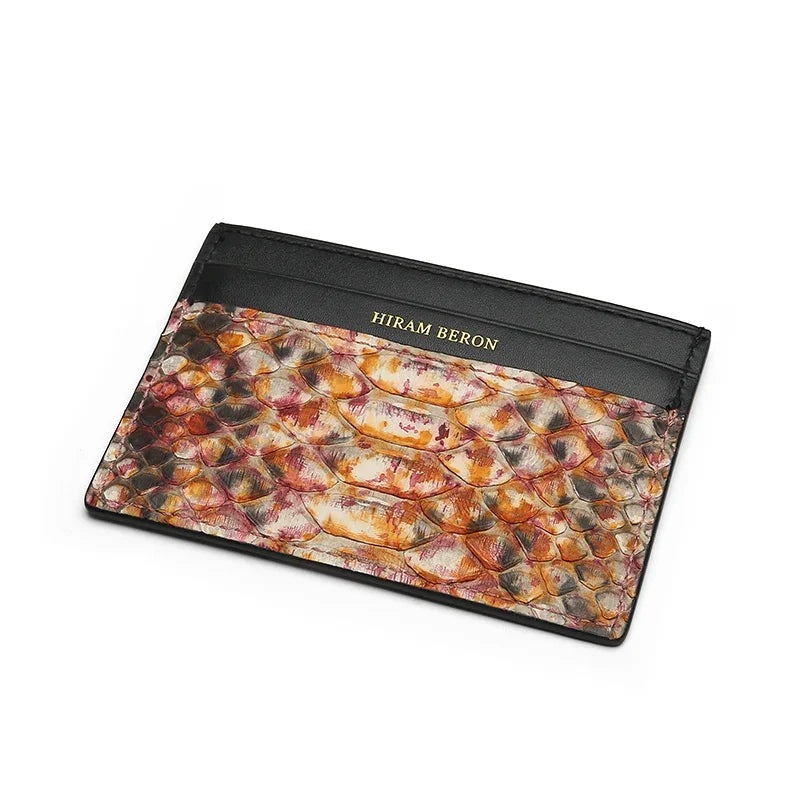 Colorful python skin card holder with 'Hiram Beron' branding on a white background