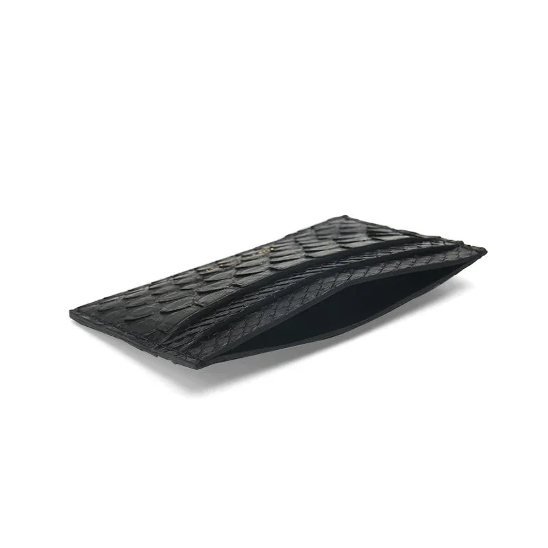 close-up of the top pocket for the genuine python skin card case on a white background