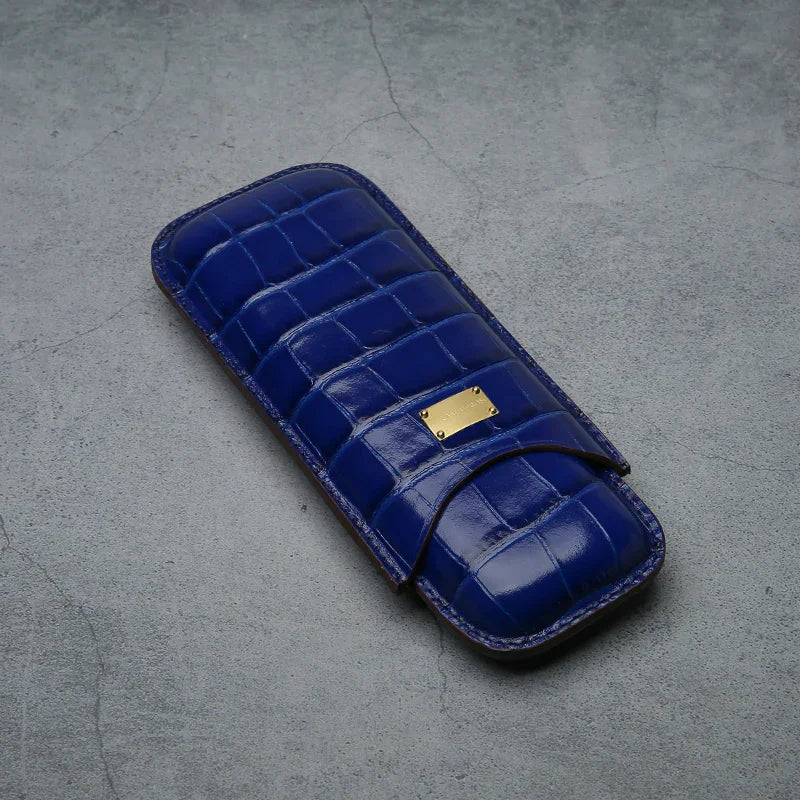 Luxury blue croc-embossed leather cigar case with gold plaque, premium travel accessory for enthusiasts