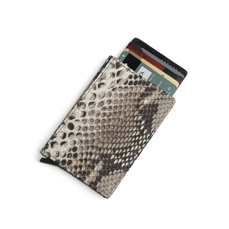 natural python skin pop up credit card holder with a white background