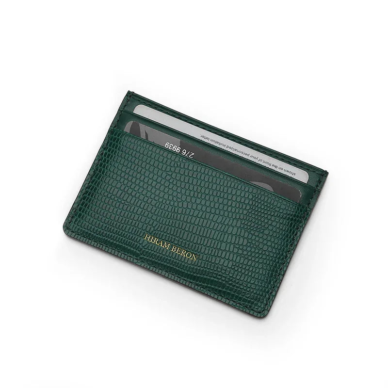 Green lizard pattern cardholder with brand name HIRAM BERON on a white background