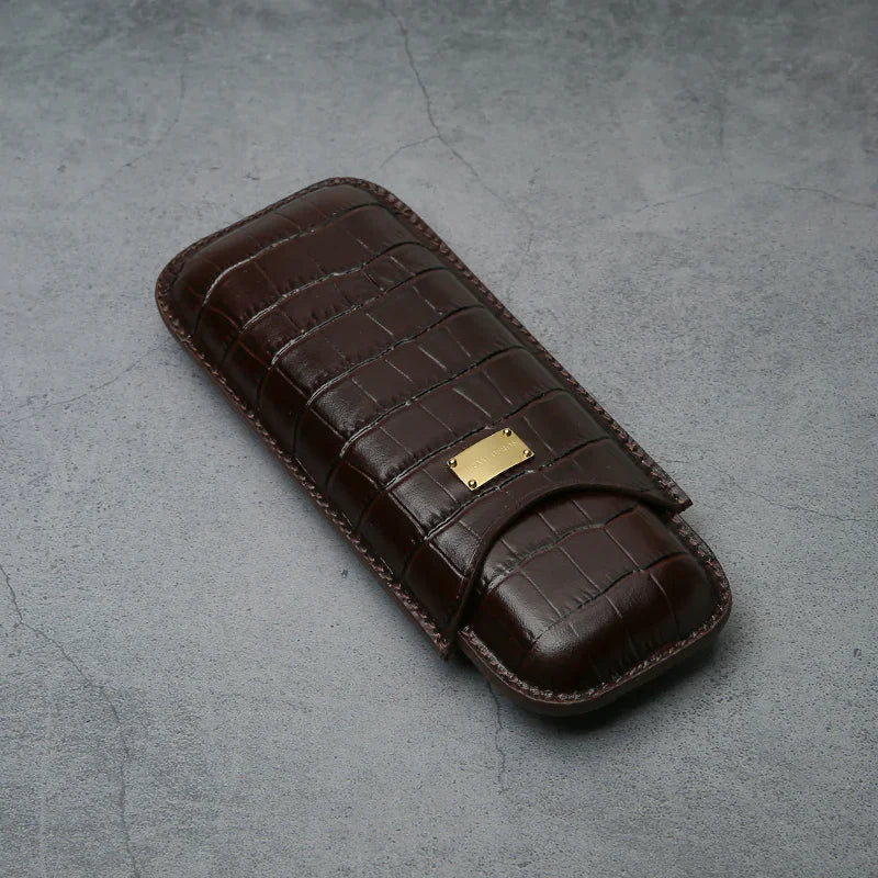 Luxury brown crocodile texture leather cigar case with gold plaque, premium travel accessory