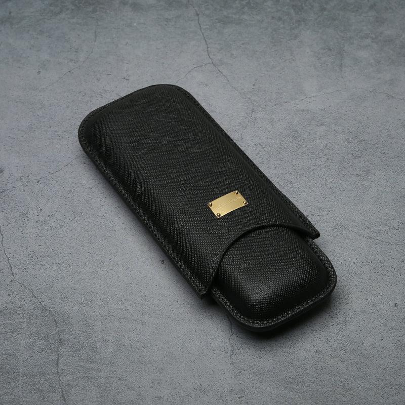 Black textured leather eyeglass case with gold plaque, luxury accessory for men