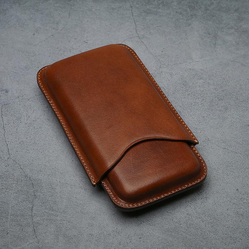 Handcrafted brown leather phone sleeve with precise stitching, ideal for luxury dropshipping or OEM