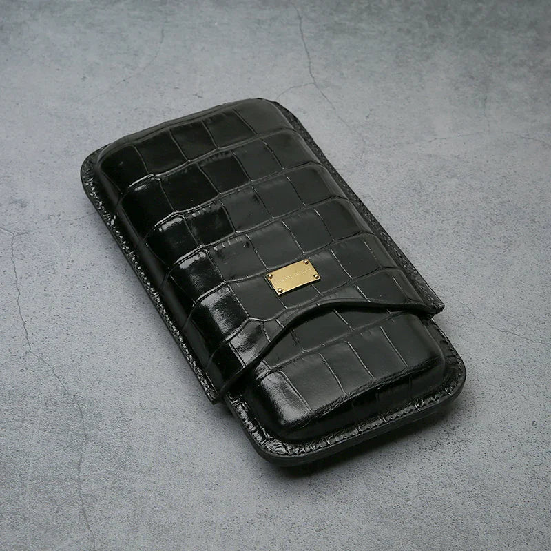 Black crocodile texture leather cigar case with gold plaque, luxury travel accessory for premium cigars