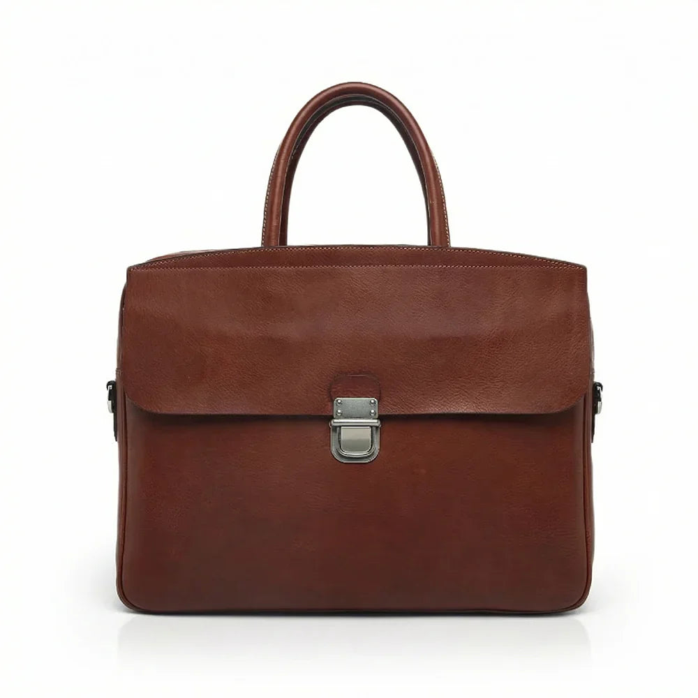 Brown Italian Veg-Tanned Leather Briefcase on a white background